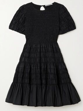 Molly Goddard Susanne Shirred Taffeta Mini Dress Black Puff Sleeve Size US 2